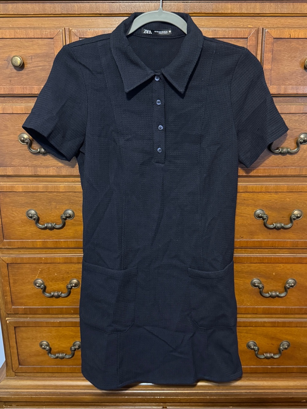 Zara Black Textured Polo Mini Dress XS 90s Minimalist Preppy Pocket Golf Tennis